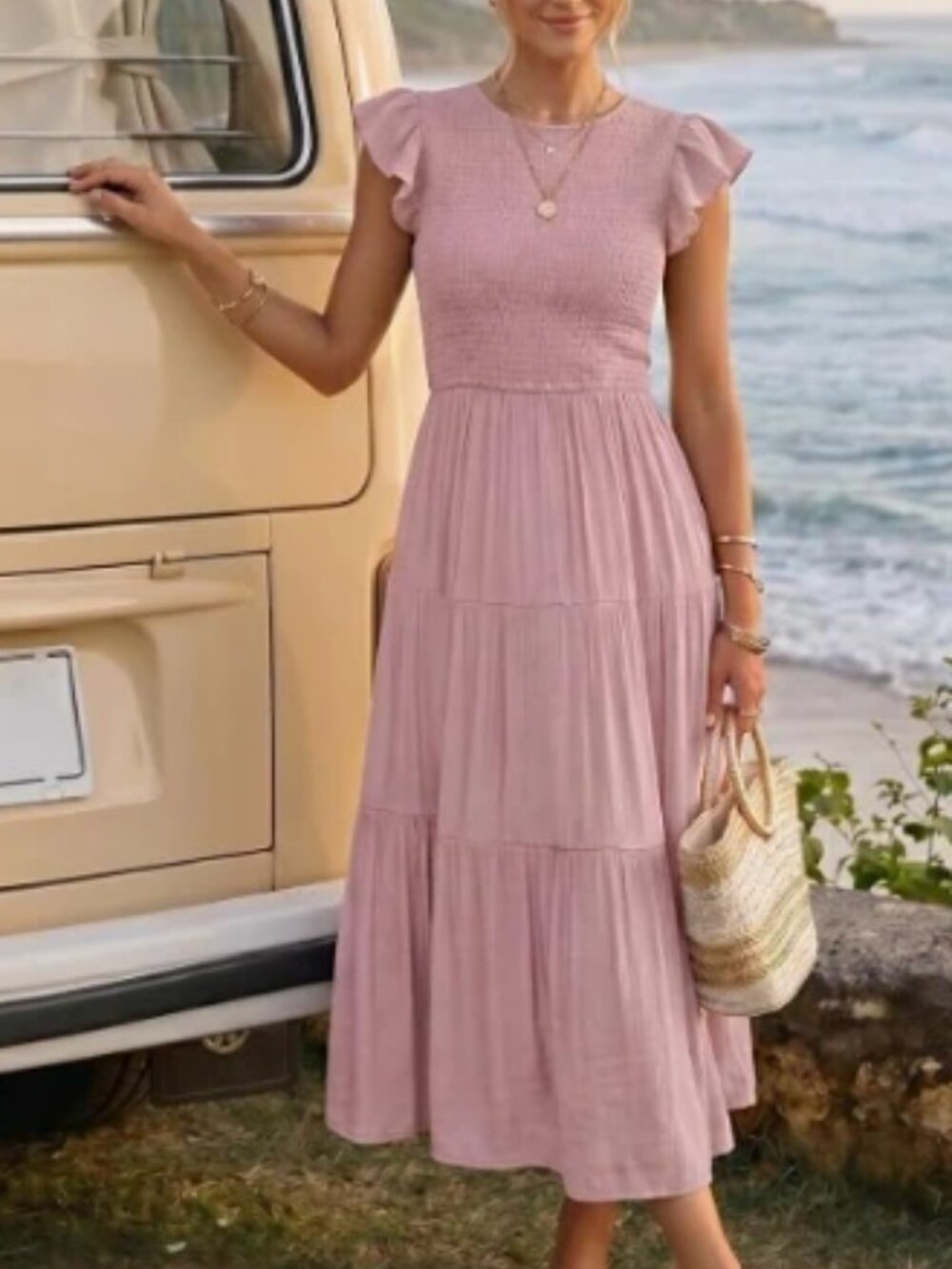 NWT ZESICA Dusty Rose Smocked Maxi Dress XS Flutter Sleeve Tiered Pockets